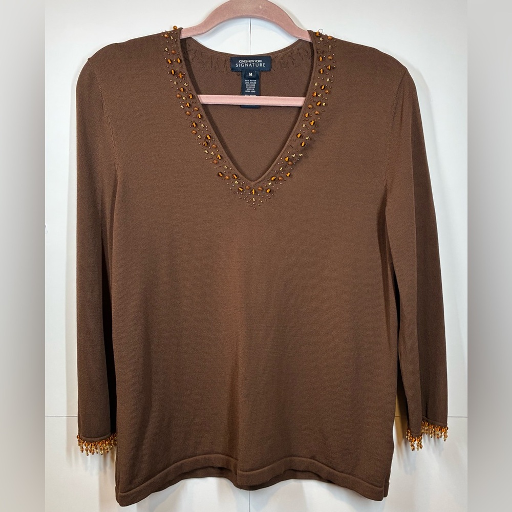 Jones New York Signature Brown V-Neck Beaded Sweater Size Medium